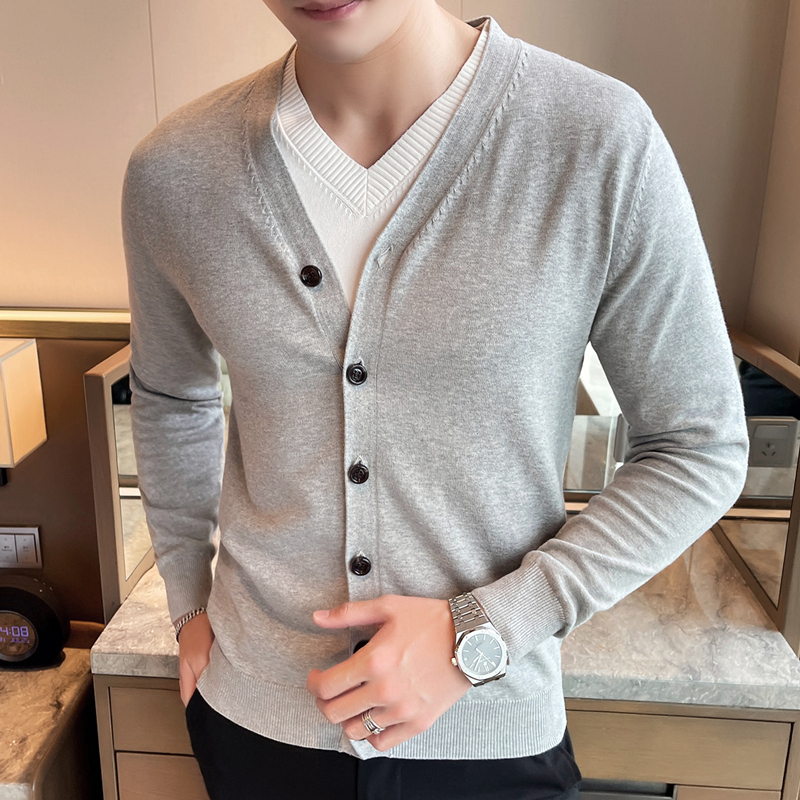 Spring and Autumn V-Neck Knit Cardigan for Men, Solid Color Casual Sweater Jacket, Thin Outerwear, Pure Cotton Knitwear