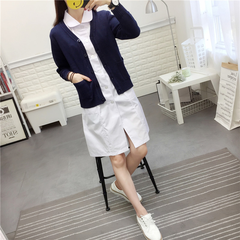 Navy blue nursing department sweater velvet jacket Women's V-neck cardigan slim thick warm nurse clothes outside sweater