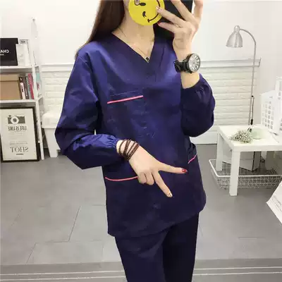 Meimisi T C blended women's long-sleeved surgical gown navy blue Korean version of the beautician overalls suit V-neck hand wash clothes