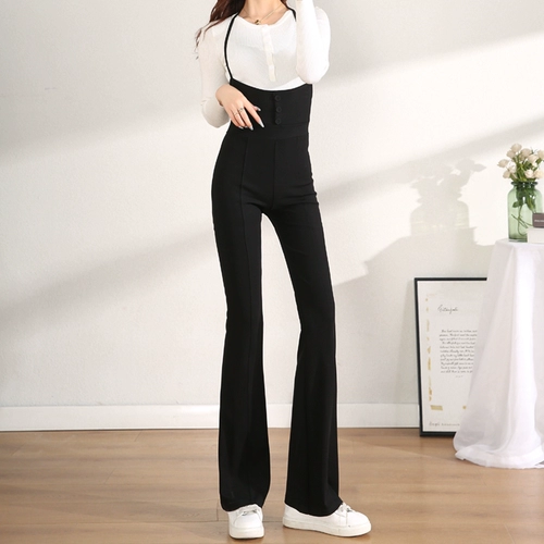 Черные штаны, весенний летний комбинезон, тонкая труба для отдыха, штаны-клёш, высокая талия