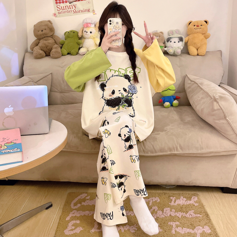 Pure Cotton Pajamas for Women, Long-Sleeved, Cartoon, Spring and Autumn, Student, Plus Size, 100kg Women's Models, Can Be Worn Outside, Home Wear Set Pure Cotton Pajamas for Women, Long-Sleeved, Cartoon, Spring and Autumn, Student, Plus Size, 100kg Women's Models, Can Be Worn Outside, Home Wear Set