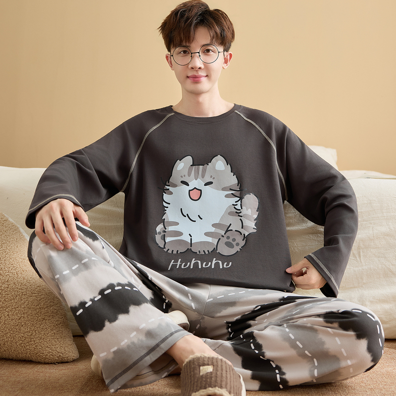 Spring and Autumn Pajamas for Men, Pure Cotton Long-Sleeved, Youth Plus Size, Cartoon Men's Style, Autumn Thin Home Wear Set Spring and Autumn Pajamas for Men, Pure Cotton Long-Sleeved, Youth Plus Size, Cartoon Men's Style, Autumn Thin Home Wear Set