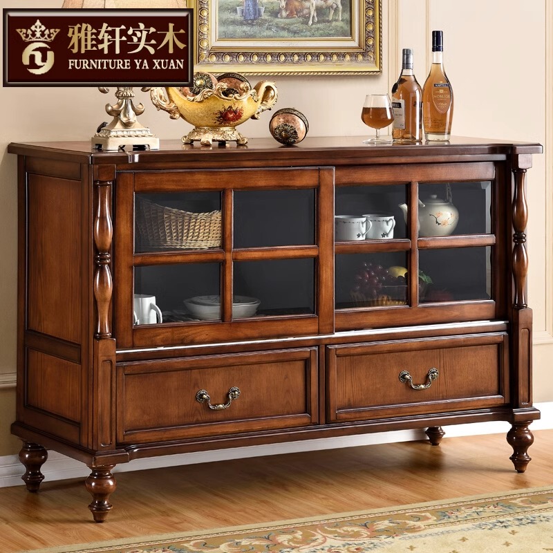 American-Style Sideboard, Solid Wood Wine Cabinet, European-Style Retro Sliding Door Tea Cabinet, Hallway Wall Storage Cabinet, Living Room Side Cabinet