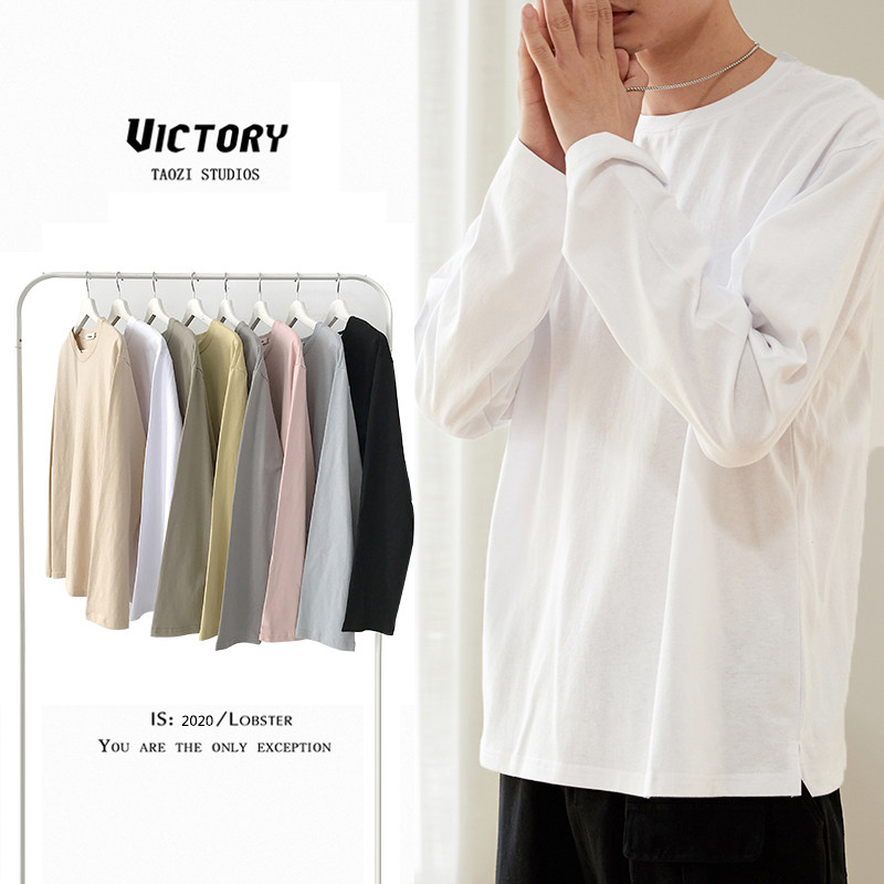Long sleeves T-shirt men's ins fall men's blouse loose autumn clothing pure cotton pure color inner hitch inside lap wave white thick cotton T