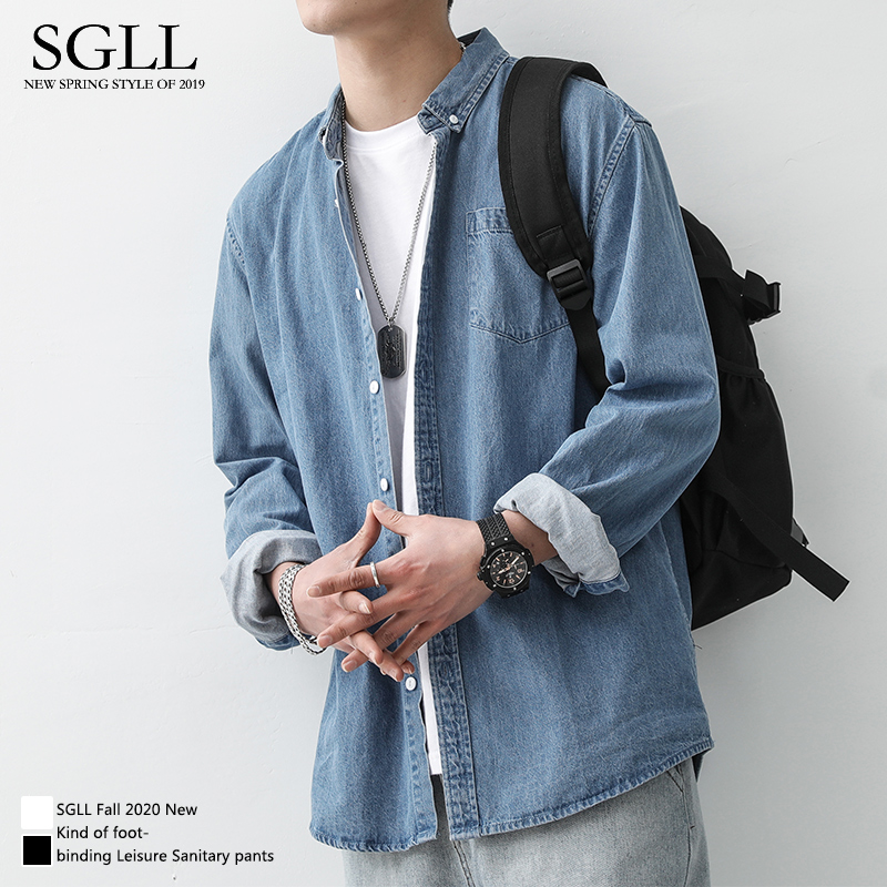 Denim shirt men's long sleeve autumn trend high sense autumn wear men's cargo shirt loose Japanese casual coat