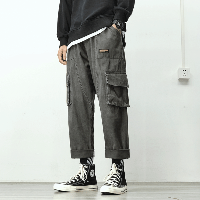 ins overalls men's trendy brand straight tube loose feet Korean version of the trend Joker casual bunch foot drawstring function pants