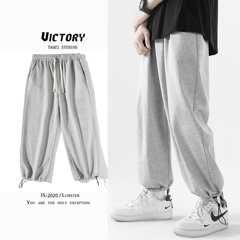 Grey Sports Thick cotton pants Male bunches pants Summer thin sections Broadleg Straight Cylinder 90% Pants Casual Pants Drawing Rope Bunches Pants