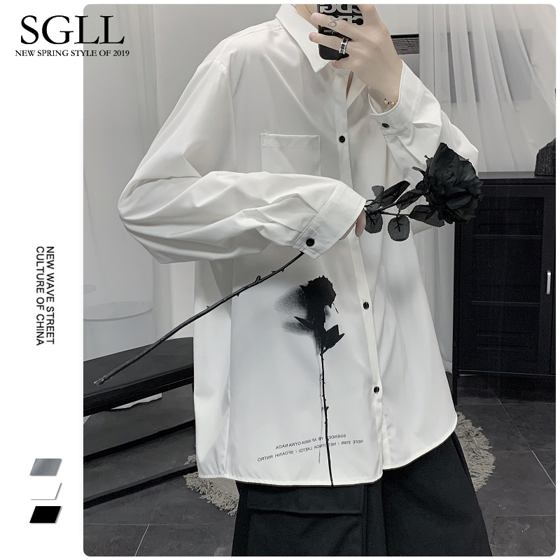 Autumn high-end shirt men's long-sleeved print design niche shirt Hong Kong style casual top loose coat tide