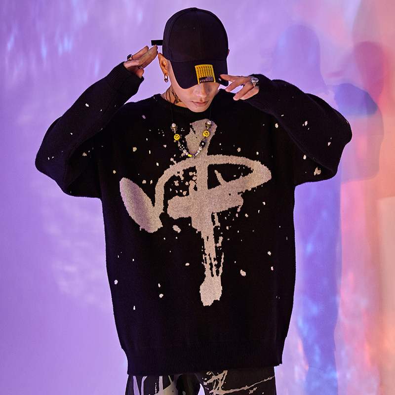 Cangshi Yishu tide brand 2022 spring and autumn new round neck sweater men's loose large size coat couple long-sleeved sweater