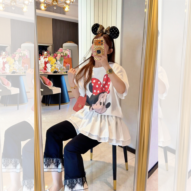 Jennifer Jxliu Korean Style Minnie Print Ruffled Top Loose Skirt T-Shirt Sweet Puff Short Sleeves Jennifer Jxliu Korean Style Minnie Print Ruffled Top Loose Skirt T-Shirt Sweet Puff Short Sleeves