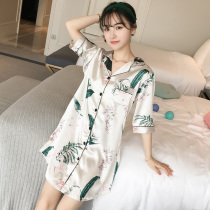 Sexy Silk Nightdress Women Summer Thin Short Sleeved Ice Silk Pajamas Print Can Wear Home Clothes Large Size Loose