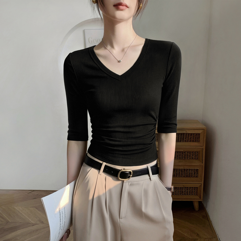 Black Short Ribbed V-Neck Mid-Sleeve T-Shirt for Women 2026 New Autumn Pleated Design Slim-Fit Three-Quarter Sleeve Top Black Short Ribbed V-Neck Mid-Sleeve T-Shirt for Women 2026 New Autumn Pleated Design Slim-Fit Three-Quarter Sleeve Top