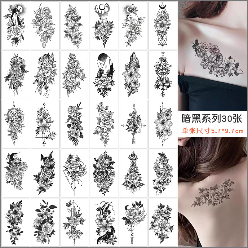 Waterproof Temporary Tattoo for Women, Long-Lasting Dark Style, Collarbone and Arm Scar Cover, Realistic Black Flower, High-End Sticker