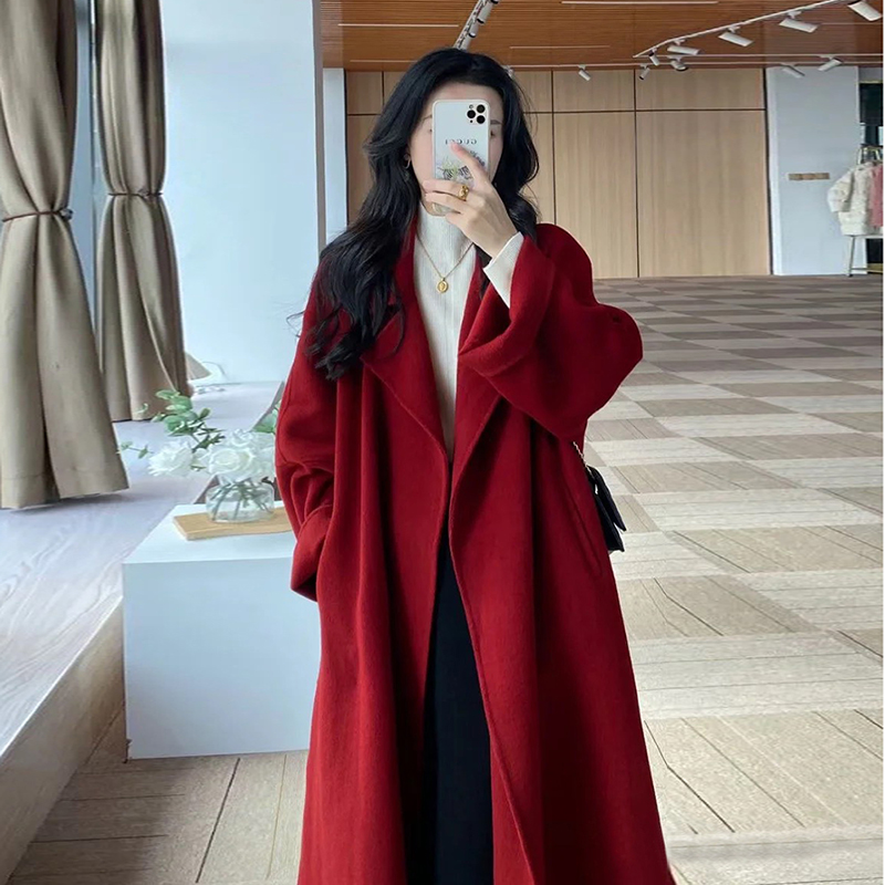 Sicilian red double-sided cashmere big coat woman mid-2023 autumn winter new loose superior fur coat-Taobao