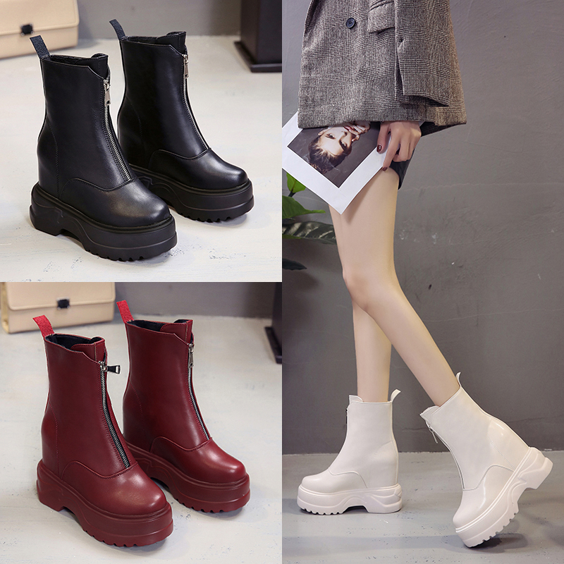 Women Shoes 2022 Autumn Winter New Short Boots Female Tide Pull Chain Thick Bottom Martin Boots 100 Lap Up Boots 12cm Slope heel