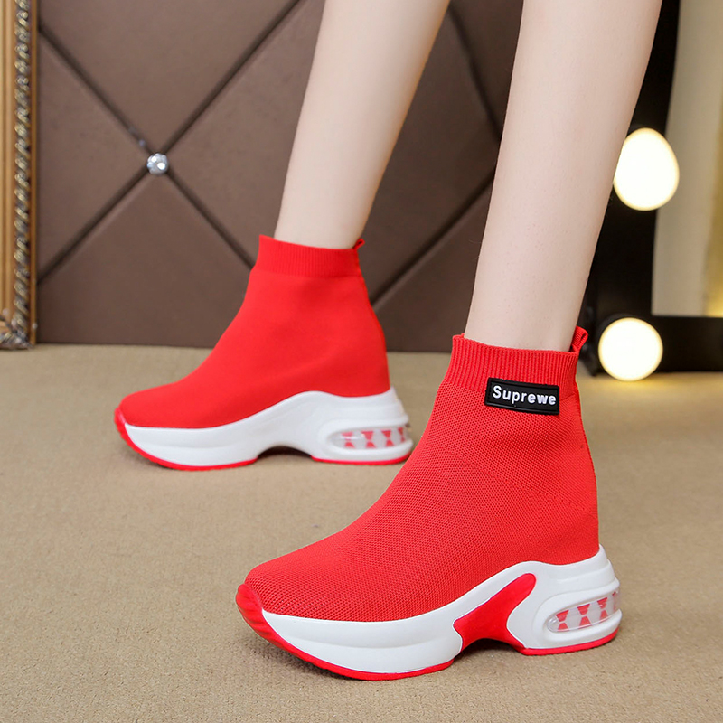 Red Casual Sports High Cylinder Shoes Woman 2022 New autumn ultra-fire thick bottom heightening 100 lap net red shoes tide