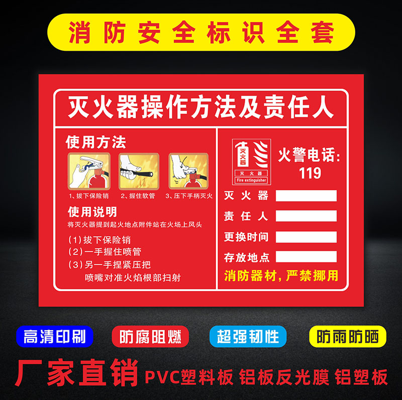 Fire extinguisher operation method and responsible person Fire safety Fire hydrant fire extinguisher use method Description Card prompt sticker Identification card Workshop warning placard Warning sign PVC customization