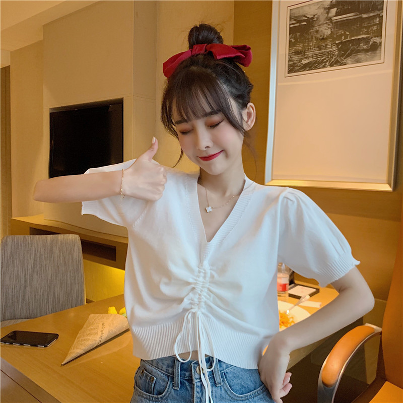 2020 đáy áo len mới cơ thể thuần màu đỏ trang trí mùa hè v-cổ phụ nữ mùa hè của knitshirt vẽ tay áo top rope ngắn