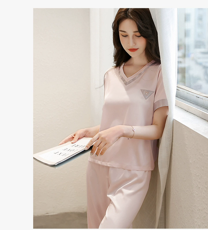 Ice Silk Pyjama Nữ mùa hè ngắn tay bảy quần cao cấp mùa xuân mùa xuân mùa xuân mô phỏng lụa dịch vụ nhà 2021 Mới