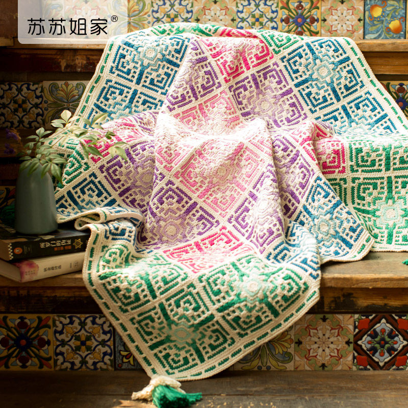 Sister Su Su's Tunisian Window Patchwork Blanket DIY Crochet Thread Cotton Yarn Ball Material Kit