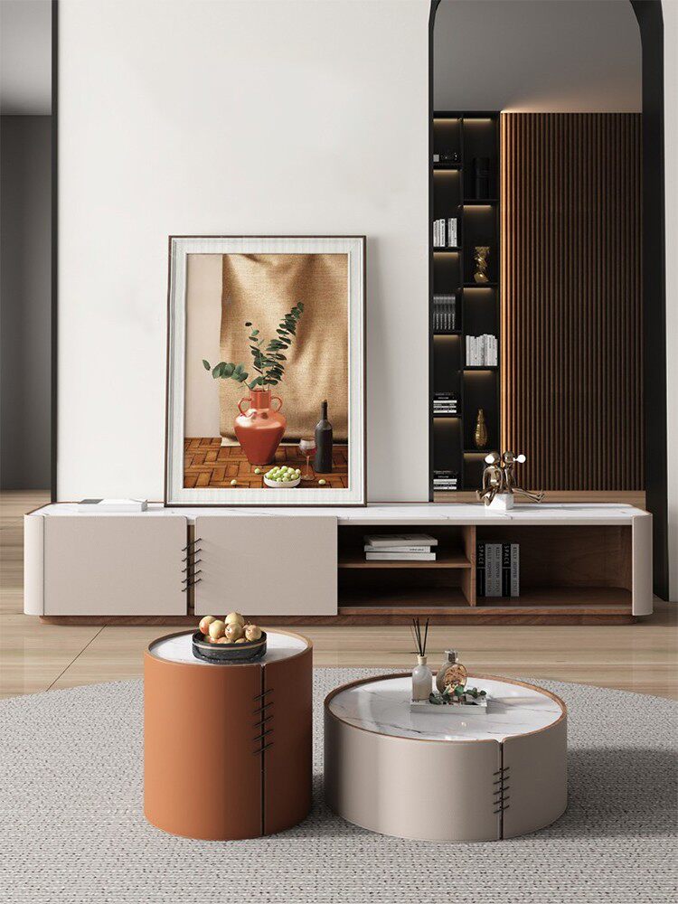 Net red saddle leather light luxury small apartment round slate coffee table TV cabinet combination modern minimalist living room home