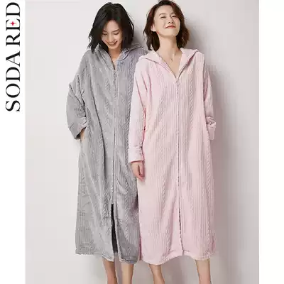 Flannel nightgown women's spring and autumn hooded coral velvet bathrobe Autumn and winter long version thickened warm yukata