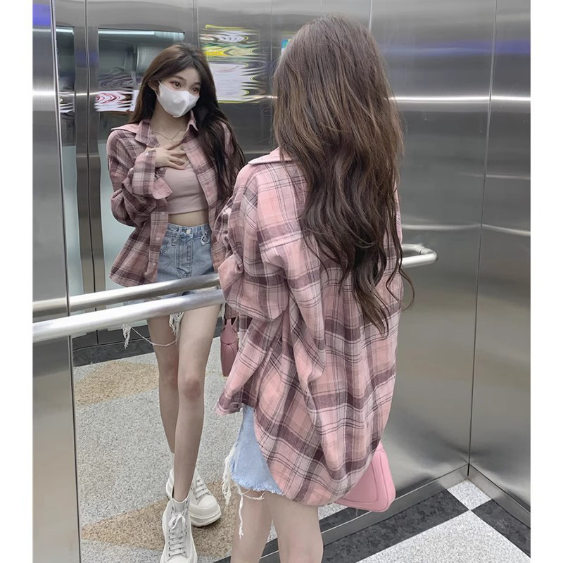 American-Style Pink Polo Collar Plaid Shirt, Long-Sleeved New Style, Elegant and Lazy Style, Mid-Length Coat, Cardigan Top for Women