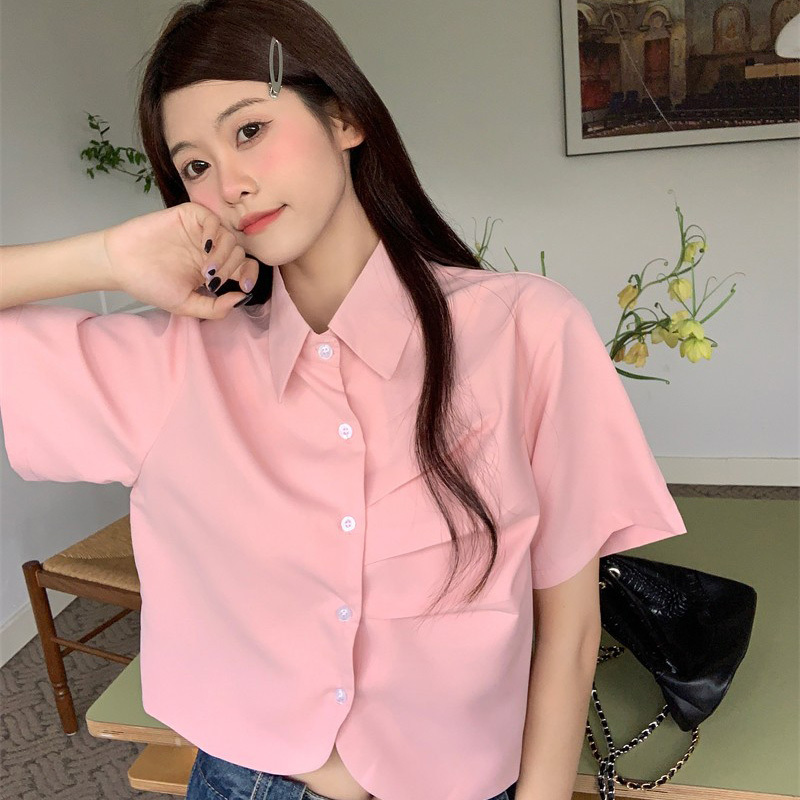 Summer Korean Style Pink Shirt for Women, Short Style for Work, Chic Irregular Short Sleeves, Loose Polo Collar Shirt