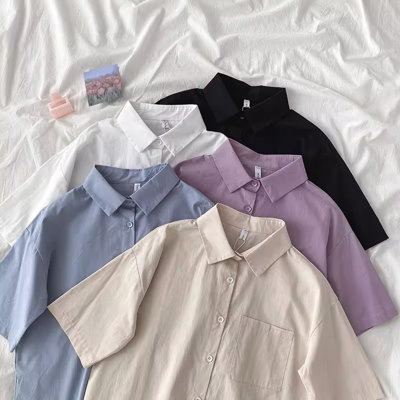 Short-Sleeved Shirt for Women, Summer Retro Loose Hong Kong Style Korean Version Versatile Design Cardigan Casual Top Couple Shirt