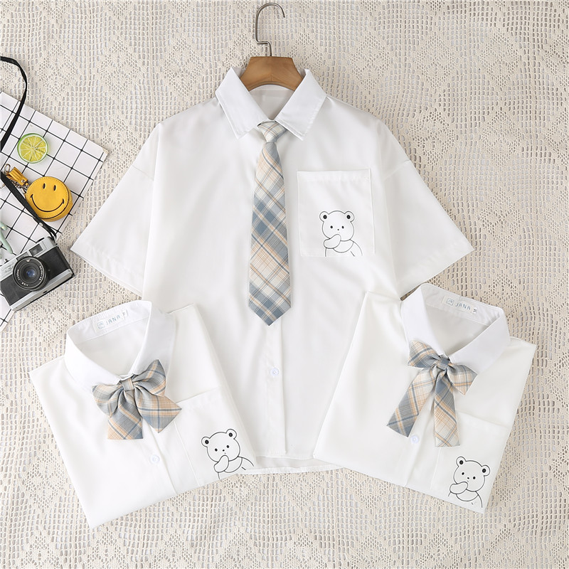 Bow-Tie Short-Sleeved White Shirt for Women, Summer Loose-Fitting Printed Design, Niche Style, Thin Outerwear, Base Layer Shirt Bow-Tie Short-Sleeved White Shirt for Women, Summer Loose-Fitting Printed Design, Niche Style, Thin Outerwear, Base Layer Shirt