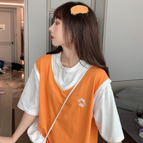Fake two small daisy short sleeve T-shirt female Korean version of summer loose ins tide Net Red foreign gas Joker half sleeve clothes