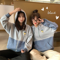 Sweater clothes female girlfriends sister Winter plus velvet 2021 Korean loose bf lazy style color hooded cardigan coat tide