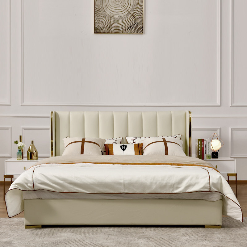 Modern minimalist wind beige nappa leather bed small family Nordic light lavish double wedding bed 1 8 m soft bag master bedroom