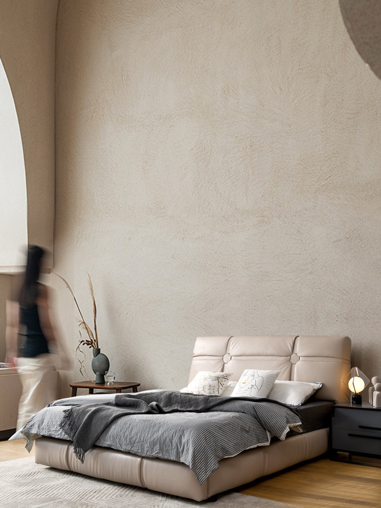 Modern minimalist style soft package double leather bed bedroom small apartment floor model 18 meters master bedroom marriage bed beige home