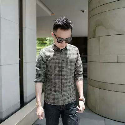 bf original cotton gray black plaid shirt male long sleeve slim round neck casual retro trend handsome youth shirt