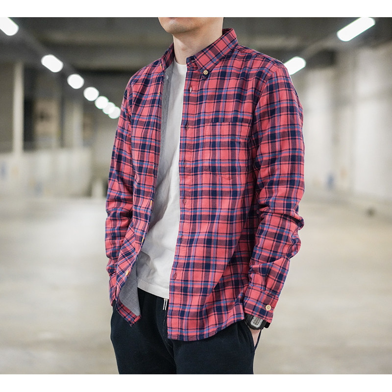 Original Homemade Double Cloth Pure Cotton Casual Red Plaid Shirt Man Long Sleeve Sashimi Collar Button Trend Teen Han