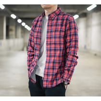 Original homemade double-layer cloth cotton casual red plaid shirt men long sleeve slim tip collar trend youth Han