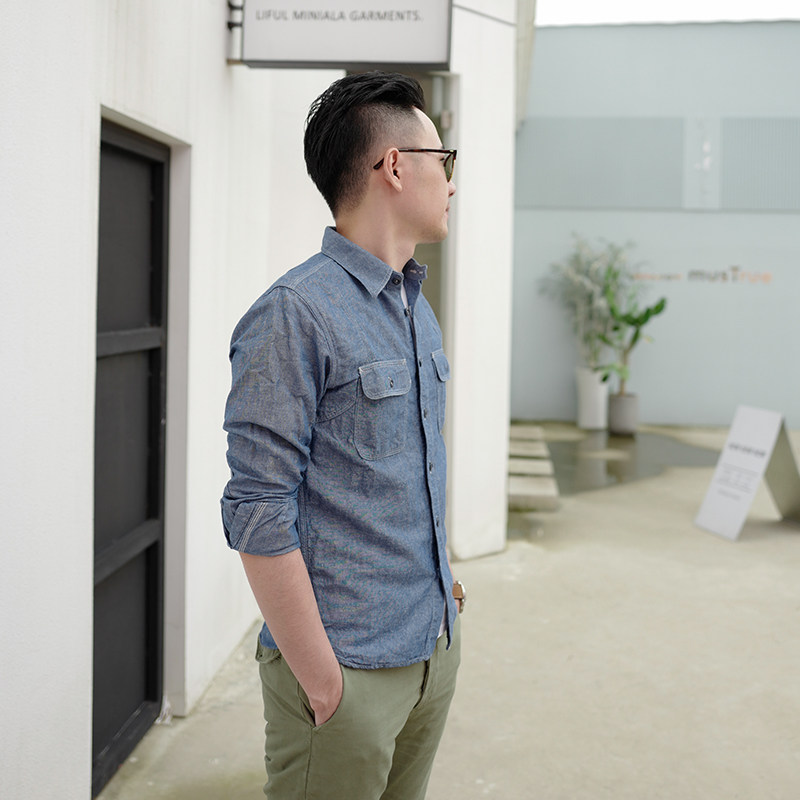 Original Japanese Department retro tooling shirt male long sleeve teenagers casual cotton linen in jeans color shirt Yu Wenle