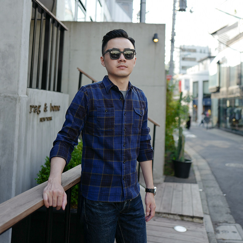 Creek original Japanese retro blue plaid shirt men's youth pure cotton casual slim bf click thick shirt tide