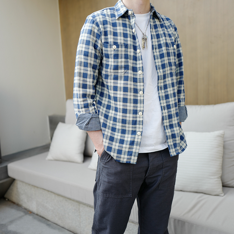 Original LAOSHU Double-Layer Fabric Pure Cotton Casual Blue and White Plaid Shirt for Men, Long-Sleeved, Slim Fit, Pointed Collar, Casual Washed Shirt Original LAOSHU Double-Layer Fabric Pure Cotton Casual Blue and White Plaid Shirt for Men, Long-Sleeved, Slim Fit, Pointed Collar, Casual Washed Shirt