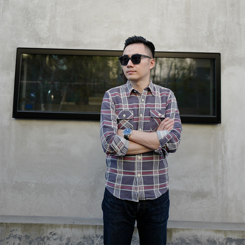 Autumn and winter thickened long-sleeved shirt men's blue plaid retro casual slim cotton trend denim shirt everyday