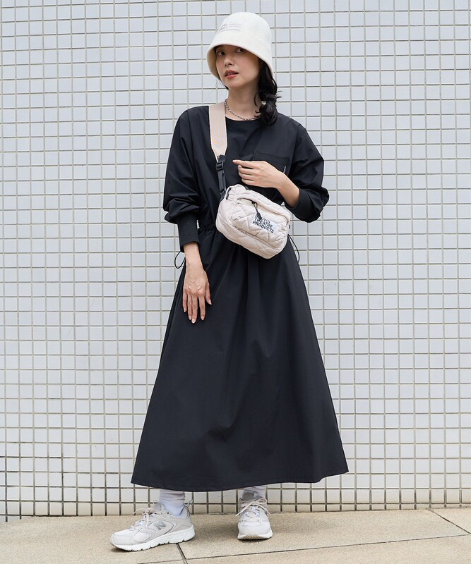 Autumn New Daily Drawstring Waist Elastic Zipper Waterproof Nylon a Version Silhouette Sports Long-Sleeved Dress for Women