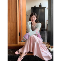 Pink acetate adjustable skirt for pregnant women in summer pleated A-line skirt without belly support satin fishtail long skirt