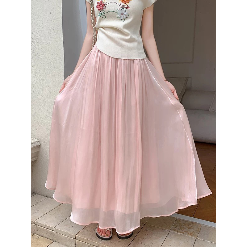 Pink Flowing Hip-Hugging Skirt for Pregnant Women, Summer A-Line Long Skirt Without Belly Support, Stylish Design, Slimming Effect, Large Hem, Sheer Skirt, Thin Pink Flowing Hip-Hugging Skirt for Pregnant Women, Summer A-Line Long Skirt Without Belly Support, Stylish Design, Slimming Effect, Large Hem, Sheer Skirt, Thin