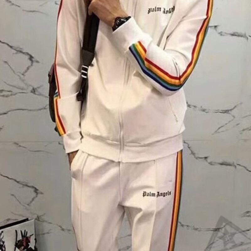 Palm Angels Unisex Letter-Print Side-Zip Rainbow Stripe Jacket Casual Jacket Sweatpants