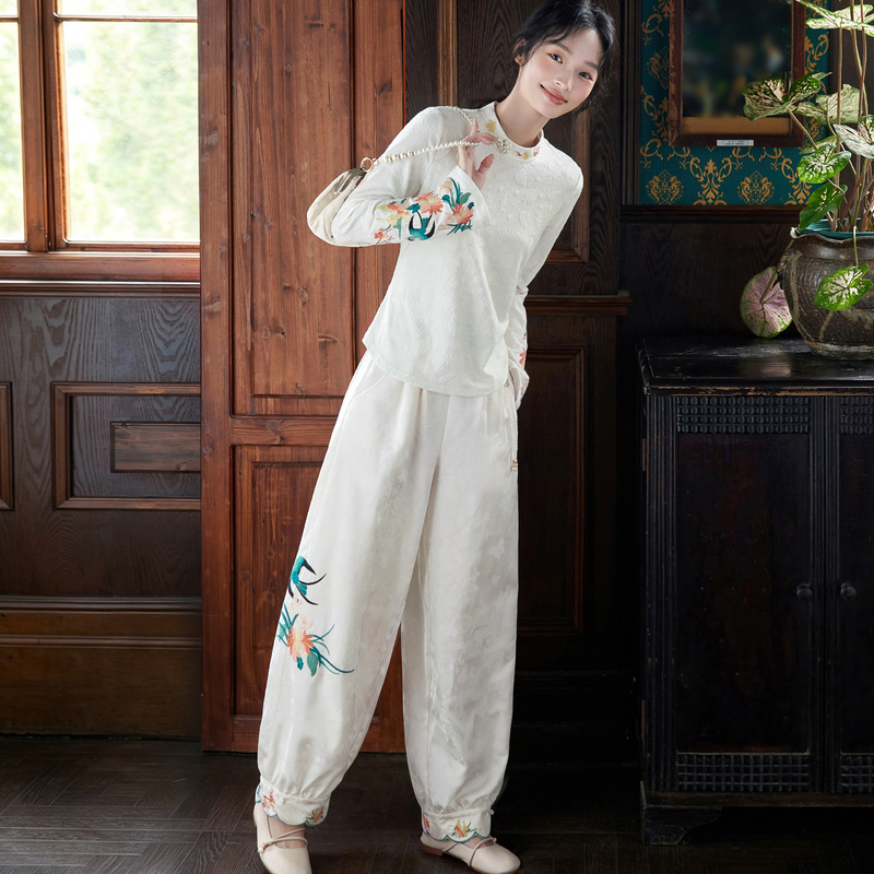 Flower Creation: Moonlight Flower Shadow, Cloud Crossing, Original Chinese Style Heavy Embroidery Casual Pants with Design Sense, Cuffed Wide-Leg Pants