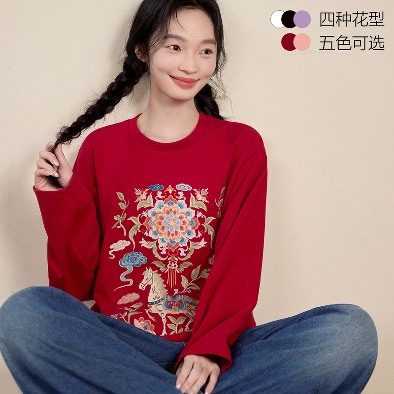 Flower Creation Yunyi Original Chinese Style Embroidered Long Sleeve T-Shirt for Women, Round Neck, Heavy Embroidery, Loose Casual Top for Spring