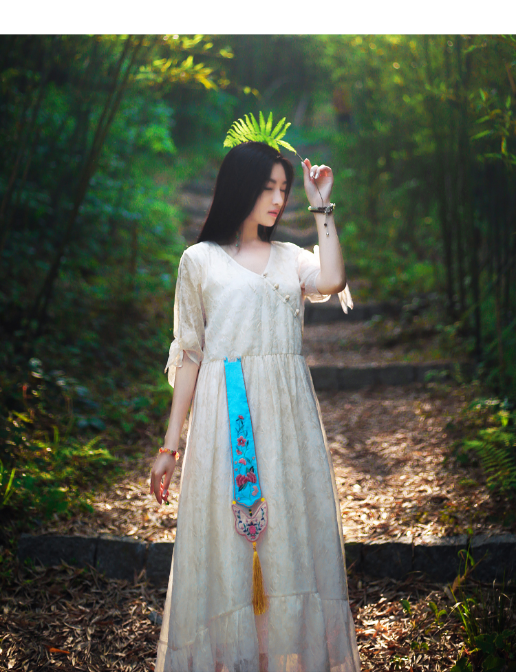 Sản xuất hoa / Suyi 2019 thiết kế ban đầu nữ thêu hoa tươi đầm thêu ruy băng voan - Váy eo cao đầm đắp chéo cột eo