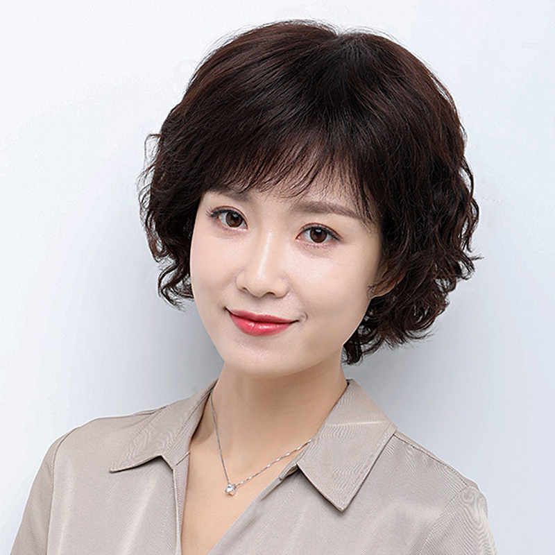 Wig female short hair full head cover type middle-aged and elderly mother wig short hair real hair short curly hair full real hair wig head cover