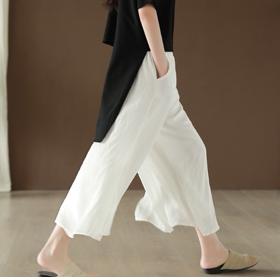 High-End Quality, Stylish 100% Silk Pants, Three-Quarter Length, Wide-Leg, Loose-Fitting, Mulberry Silk, Women's White, Drapey, Plus Size, Spring and Autumn